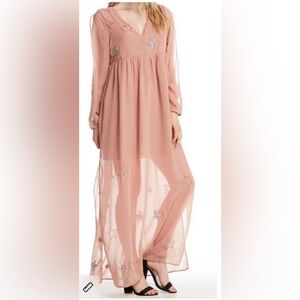 NWT Chaser Beaded Star Split Long Sleeve Pink Maxi Dress
